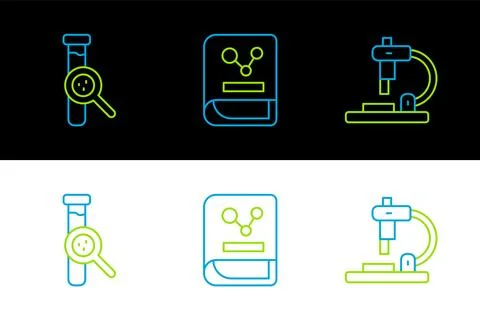 Set line Microscope, Test tube and flask and Chemistry book icon. Vector Illustrazione stock