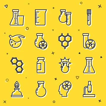 Set line Microscope, Test tube and flask, radiation, and Chemical formula icon イラスト素材