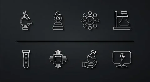 Set line Microscope, Test tube, flask on stand, Processor CPU, Alcohol spirit Stockillustratie