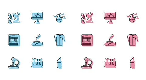 Set line Microscope, Test tube and flask, Gaseous, Propane gas tank, Petri dish Stock Illustration