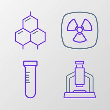 Set line Microscope, Test tube, Radioactive and Chemical formula icon. Vector Illustrazione stock