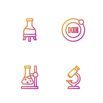 Set line Microscope, Test tube flask on stand,  and Helium. Gradient color .. Stock Illustration