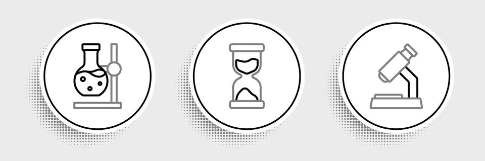 Set line Microscope, Test tube flask on stand and Old hourglass icon. Vector イラスト素材