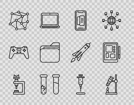 Set line Microscope, Test tube flask on fire, Smartphone, mobile phone, and.. Stock Illustration