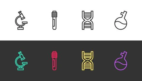 Set line Microscope, Test tube, DNA symbol and  on black and white. Vector Stockillustratie