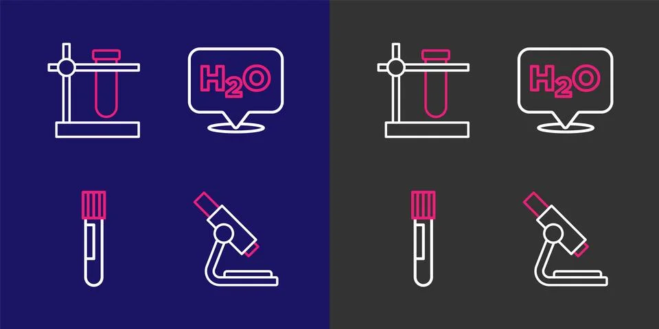 Set line Microscope, Test tube and flask, Chemical formula for H2O and on s.. 스톡 일러스트
