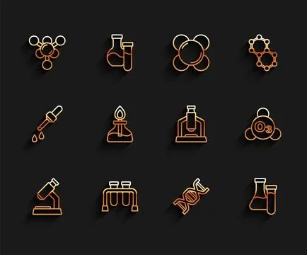 Set line Microscope, Test tube, Molecule, DNA symbol, Alcohol or spirit bur.. Stock Illustration