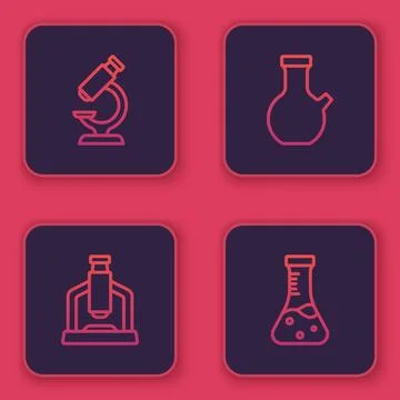 Set line Microscope, Test tube and . Blue square button. Vector Illustrazione stock