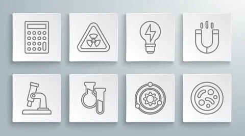 Set line Microscope, Triangle with radiation, Test tube and flask, Solar system Stock Illustration