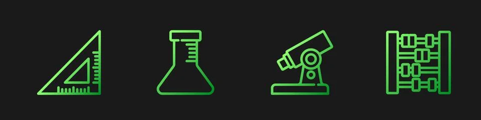 Set line Microscope, Triangular ruler, Test tube and flask and Abacus. Gradient Stock Illustration