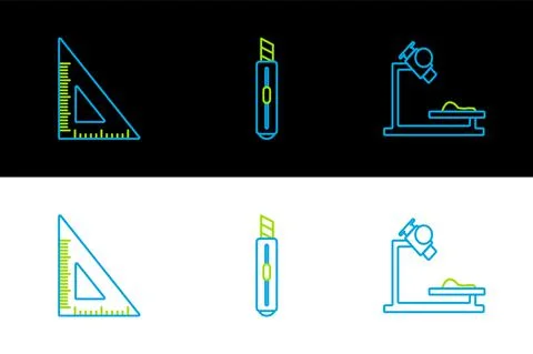 Set line Microscope, Triangular ruler and Stationery knife icon. Vector Stock Illustration