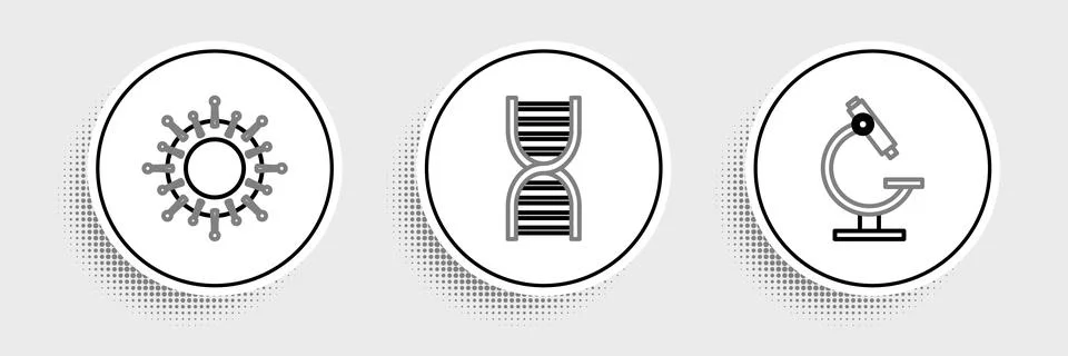 Set line Microscope, Virus and DNA symbol icon. Vector Stock Illustration