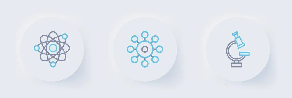 Set line Microscope, Virus and Atom icon. Vector Illustrazione stock