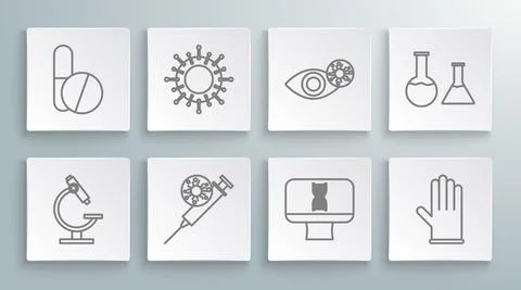 Set line Microscope, Virus, Syringe and virus, DNA spiral computer, Medical Stock Illustration