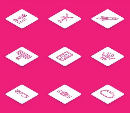 Set line Microscope, Wind turbine, Rocket ship with fire, Server, Data, Web.. Stock Illustration