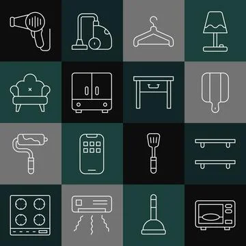 Set line Microwave oven, Empty wooden shelves, Cutting board, Hanger wardrobe Stock Illustration