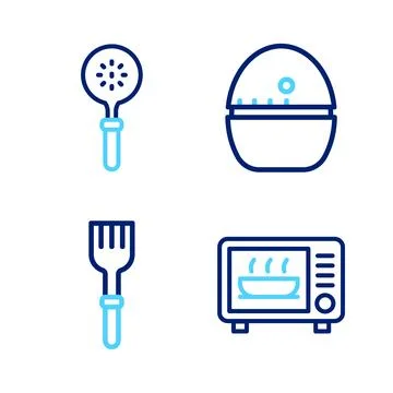 Set line Microwave oven, Fork, Kitchen timer and Spatula icon. Vector Stock Illustration