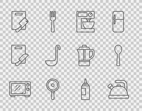 Set line Microwave oven, Kettle with handle, Electric mixer, Frying pan, Cu.. Illustration