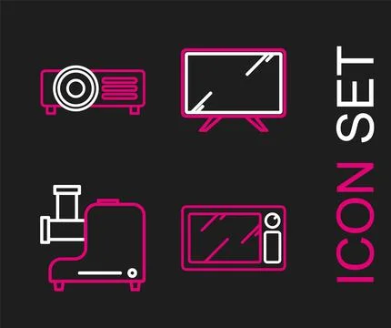 Set line Microwave oven, Kitchen meat grinder, Smart Tv and icon. Vector Stock Illustration