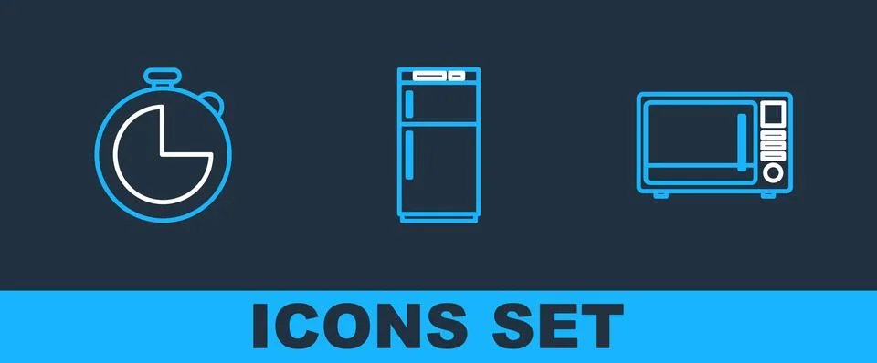 Set line Microwave oven, Kitchen timer and Refrigerator icon. Vector Stock Illustration