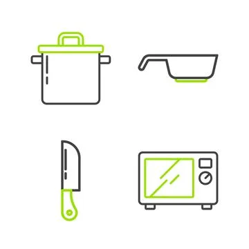 Set line Microwave oven, Knife, Frying pan and Cooking pot icon. Vector Illustrazione stock
