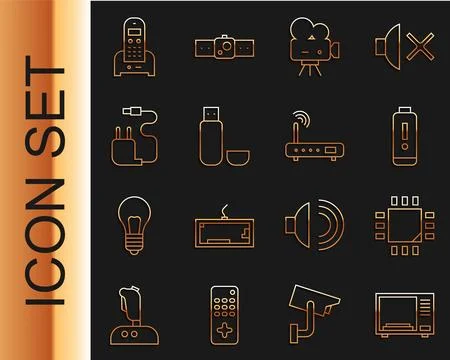 Set line Microwave oven, Processor with microcircuits CPU, Battery charge level Stock Illustration