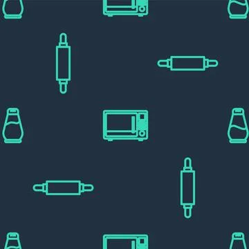 Set line Microwave oven, Rolling pin and Salt and pepper on seamless pattern Stock Illustration
