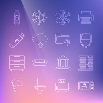 Set line Microwave oven, Server, Data, Web Hosting, Shield, Air conditioner Stock Illustration