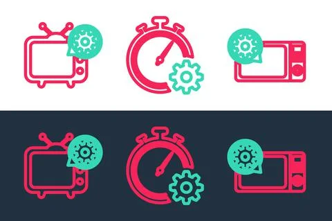 Set line Microwave oven setting, Tv and Time management icon. Vector Stock Illustration