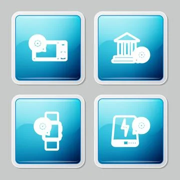 Set line Microwave oven setting, Bank building, Smartwatch and Power bank icon Ilustración de archivo