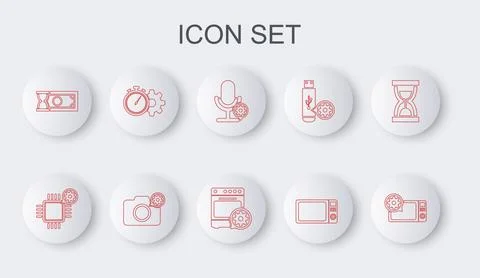 Set line Microwave oven setting, Processor, Microphone, Fast payments, Time Stock Illustration