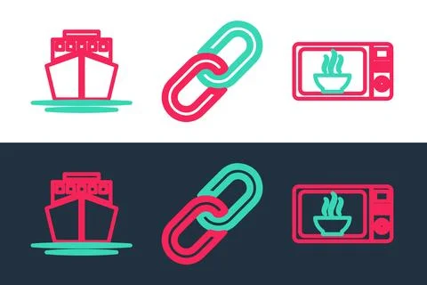 Set line Microwave oven, Ship and Chain link icon. Vector Stock Illustration