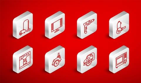 Set line Microwave oven, Smart Tv, Electric drill machine, Angle grinder, c.. Stock Illustration