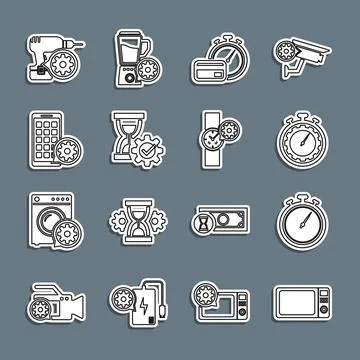Set line Microwave oven, Stopwatch, Time management setting, Fast payments,.. Stock Illustration