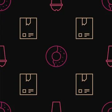 Set line Milkshake, Bag of coffee beans and Donut with sweet glaze on seamless Stock Illustration