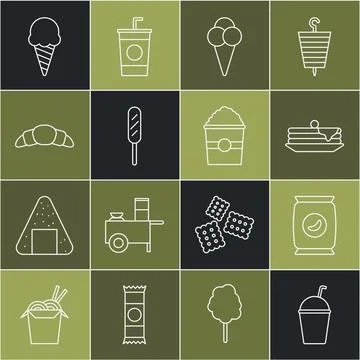 Set line Milkshake, Bag or packet potato chips, Stack of pancakes, Ice crea.. Stock Illustration