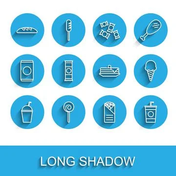 Set line Milkshake, Lollipop, Bread loaf, Doner kebab, Paper glass with straw Stock Illustration