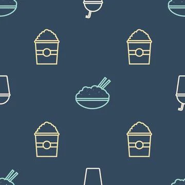 Set line Milkshake, Popcorn in box and Rice bowl with chopstick on seamless Stock Illustration