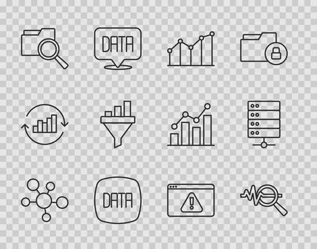Set line Mind map infographic, Search data analysis, Pie chart, Data, with fo Illustrazione stock