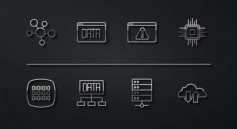 Set line Mind map infographic, Binary code, Processor CPU, Server, Data analysis Stock Illustration