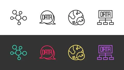 Set line Mind map infographic, Data analysis, Financial growth and on black and Illustrazione stock