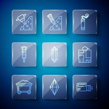 Set line Mine coal trolley, Gem stone, Flashlight, Dynamite, Construction j.. Stock Illustration