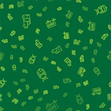 Set line Minibus, Train and railway and Rv Camping trailer on seamless pattern Illustrazione stock