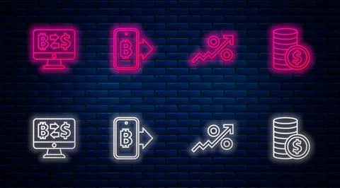Set line Mining bitcoin from mobile, Percent up arrow, Cryptocurrency exchange Stock Illustration