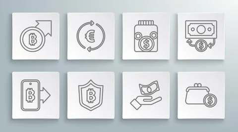 Set line Mining bitcoin from mobile, Coin money with euro symbol, Shield, Hand Stock Illustration