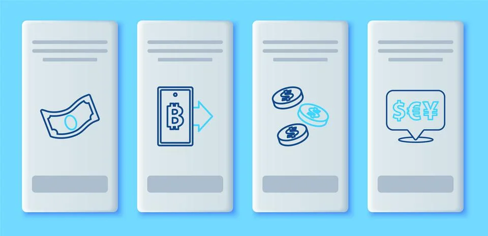 Set line Mining bitcoin from mobile, Coin money with dollar, Stacks paper cas Illustrazione stock