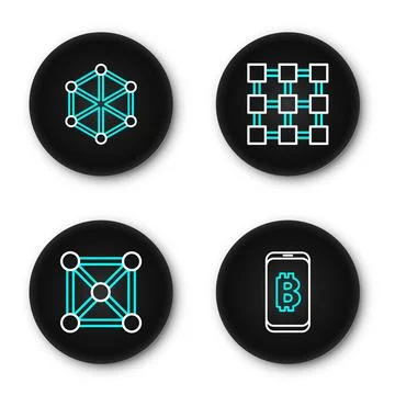 Set line Mining bitcoin from mobile, Blockchain technology,  and  icon. Vecto Stock Illustration