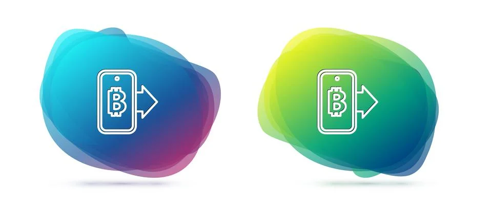 Set line Mining bitcoin from mobile icon isolated on white background. Crypto Stock Illustration