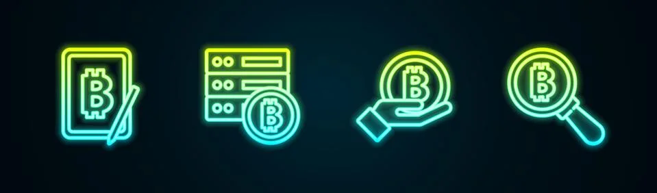 Set line Mining bitcoin from tablet, Server, Hand holding Bitcoin and Magnifying Illustrazione stock