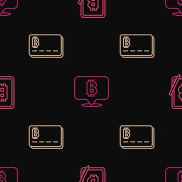 Set line Mining bitcoin from tablet, Credit card with and Bitcoin on seamless 스톡 일러스트